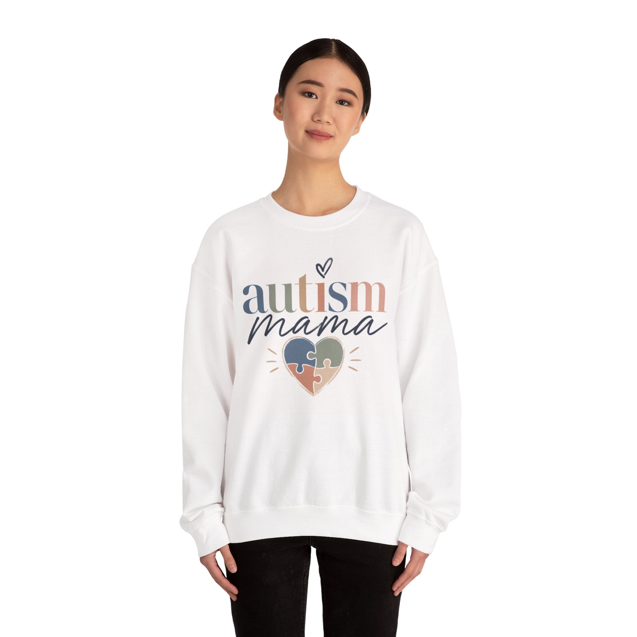 Autism Mama Crewneck Sweatshirt — Pastel Puzzle Heart Awareness